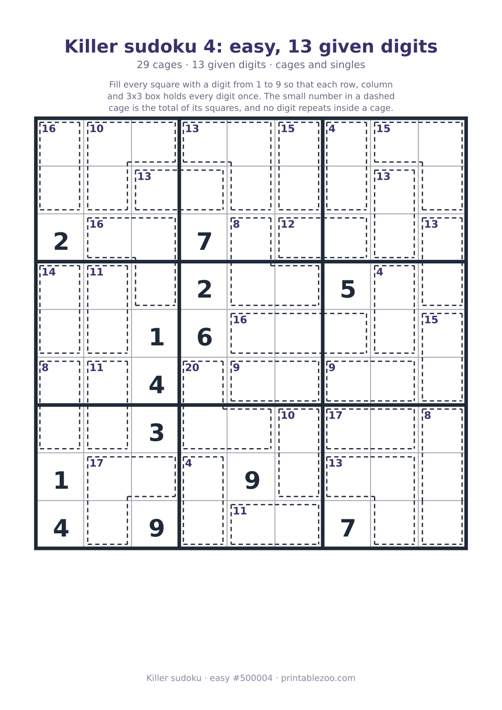 Printable killer sudoku, easy, 29 cages and 13 given digits, puzzle 500004