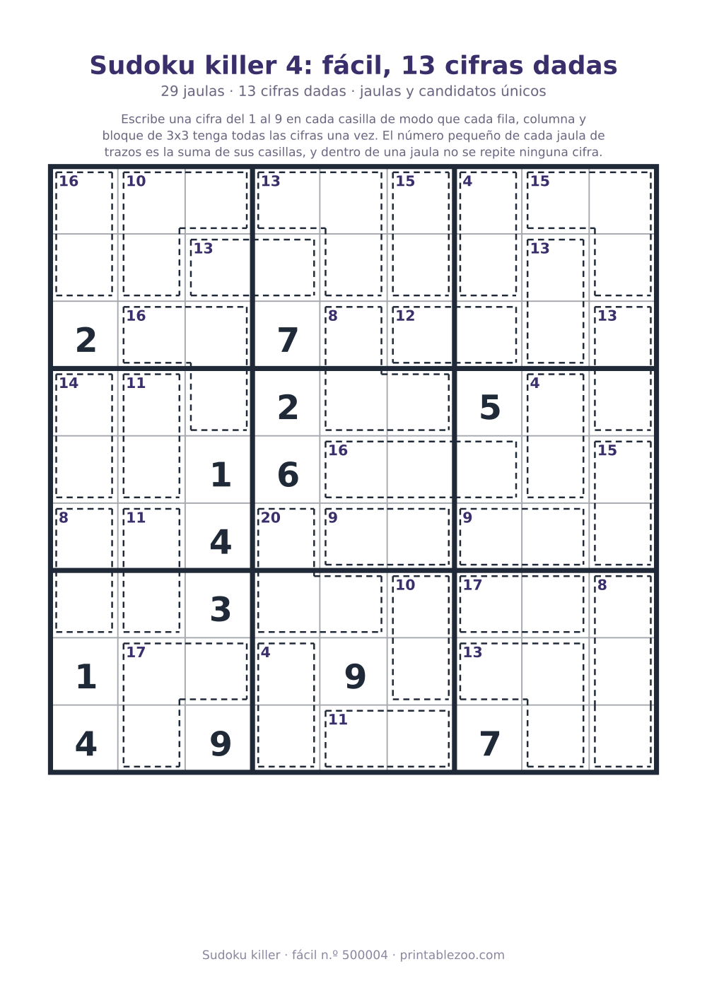Sudoku killer para imprimir de nivel fácil, 29 jaulas y 13 cifras dadas, pasatiempo 500004