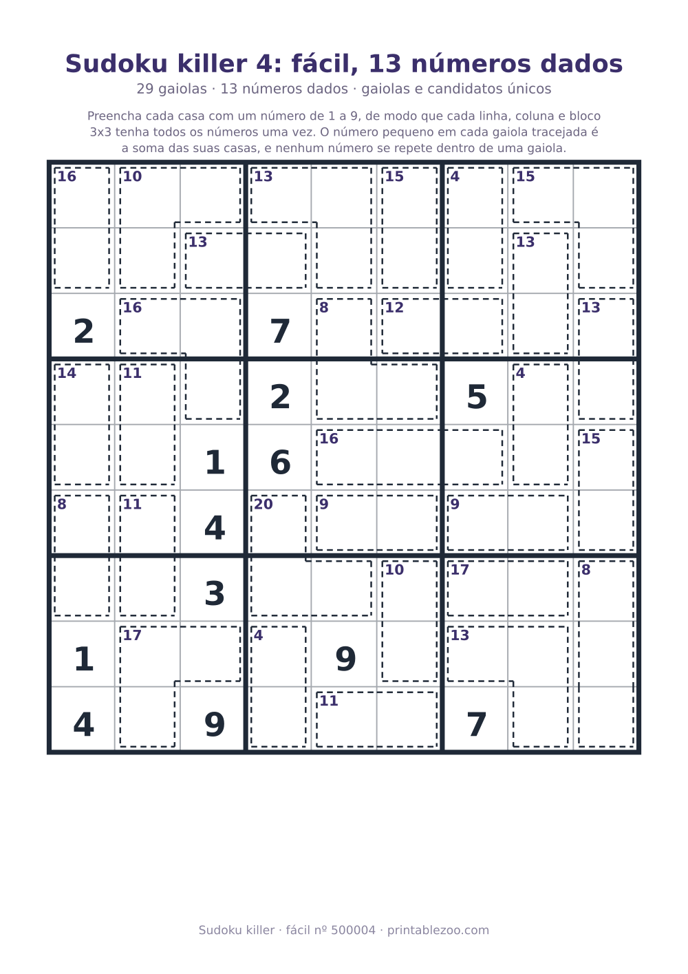Sudoku killer para imprimir de nível fácil, 29 gaiolas e 13 números dados, desafio 500004