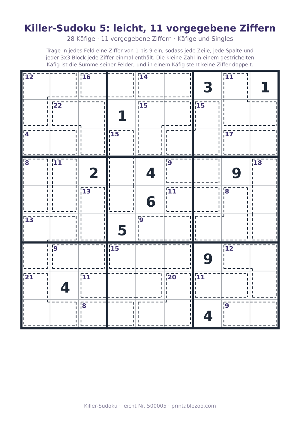 Killer-Sudoku zum Ausdrucken, Stufe leicht, 28 Käfige, 11 vorgegebene Ziffern, Rätsel 500005