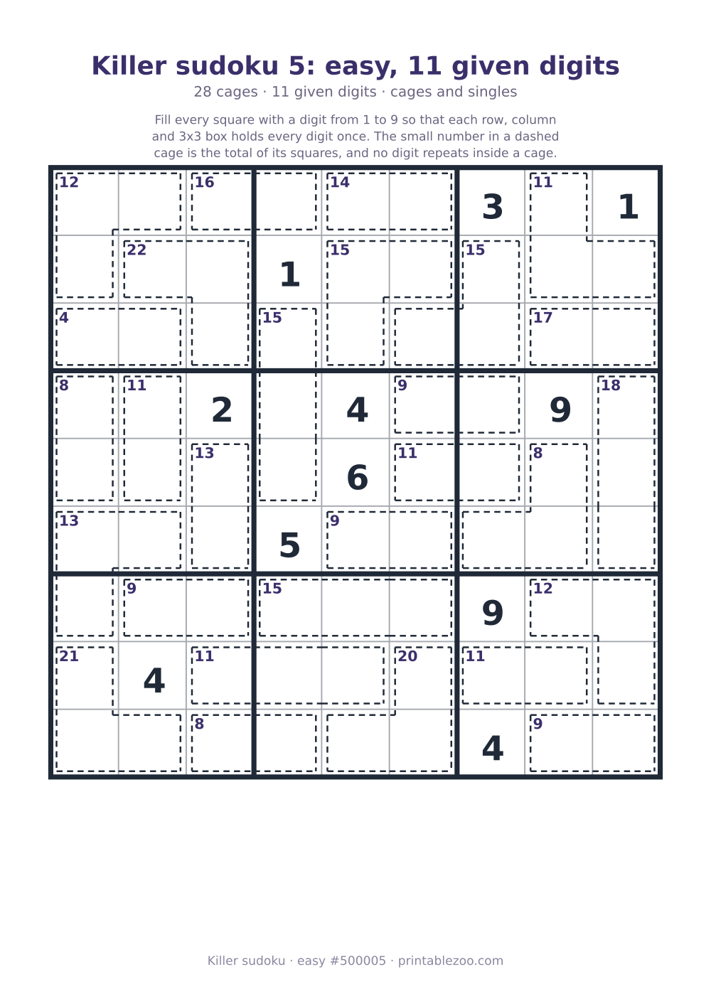 Printable killer sudoku, easy, 28 cages and 11 given digits, puzzle 500005