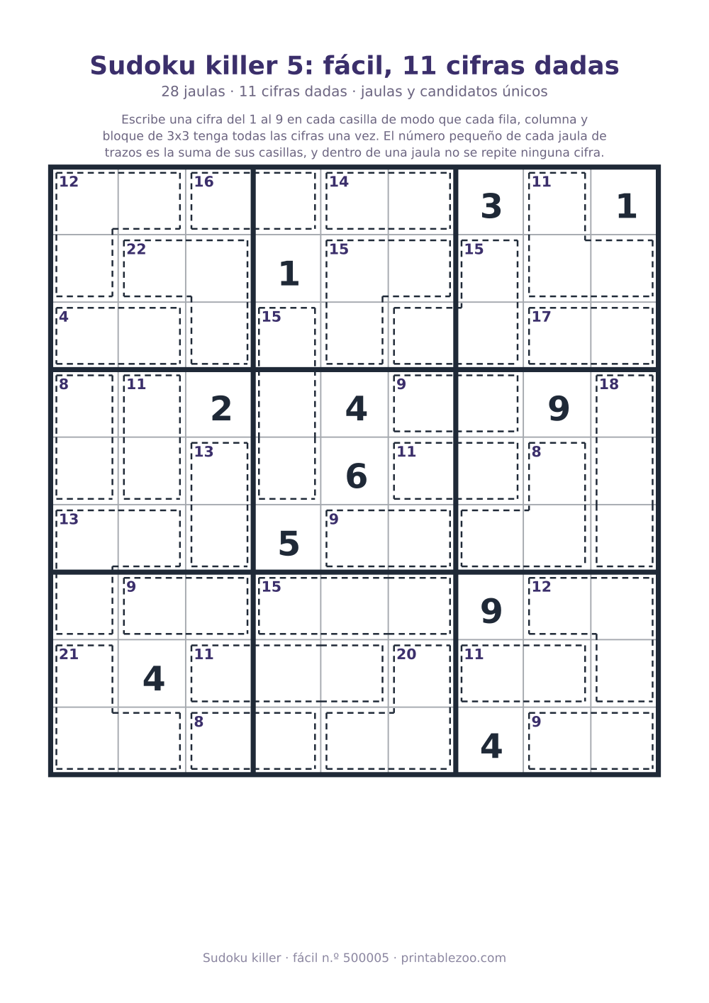 Sudoku killer para imprimir de nivel fácil, 28 jaulas y 11 cifras dadas, pasatiempo 500005