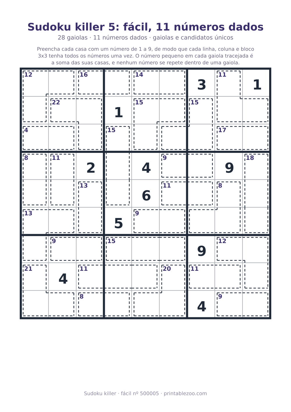 Sudoku killer para imprimir de nível fácil, 28 gaiolas e 11 números dados, desafio 500005