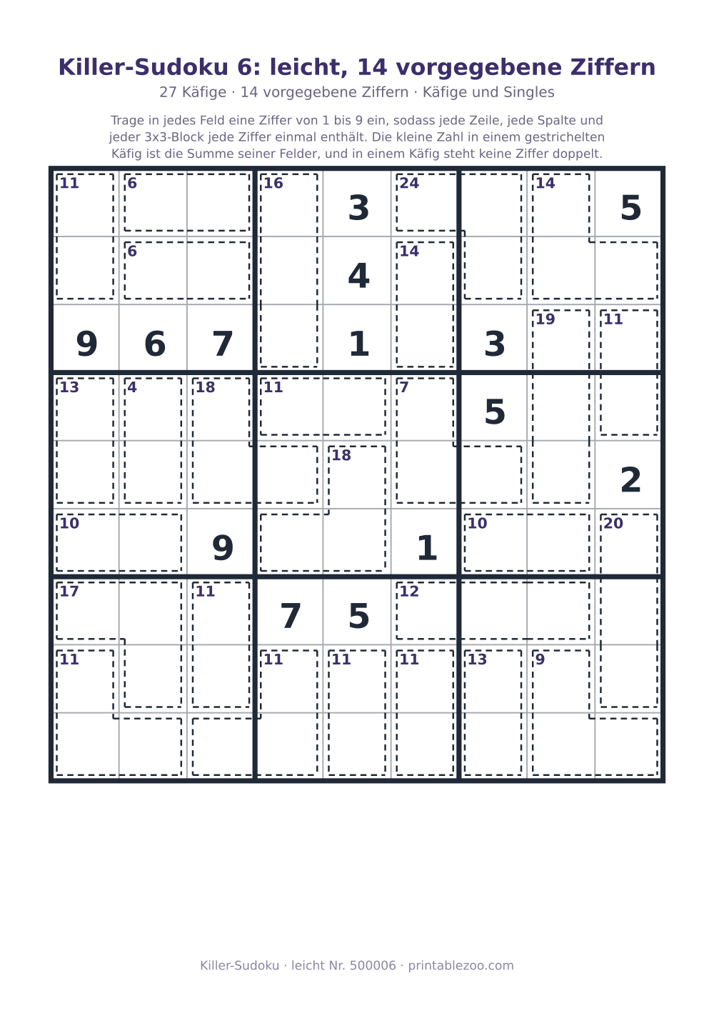 Killer-Sudoku zum Ausdrucken, Stufe leicht, 27 Käfige, 14 vorgegebene Ziffern, Rätsel 500006