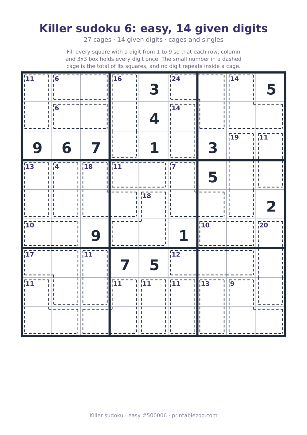 Printable killer sudoku, easy, 27 cages and 14 given digits, puzzle 500006