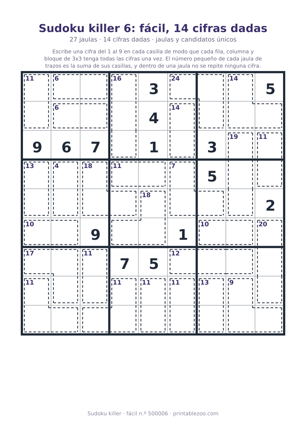 Sudoku killer para imprimir de nivel fácil, 27 jaulas y 14 cifras dadas, pasatiempo 500006