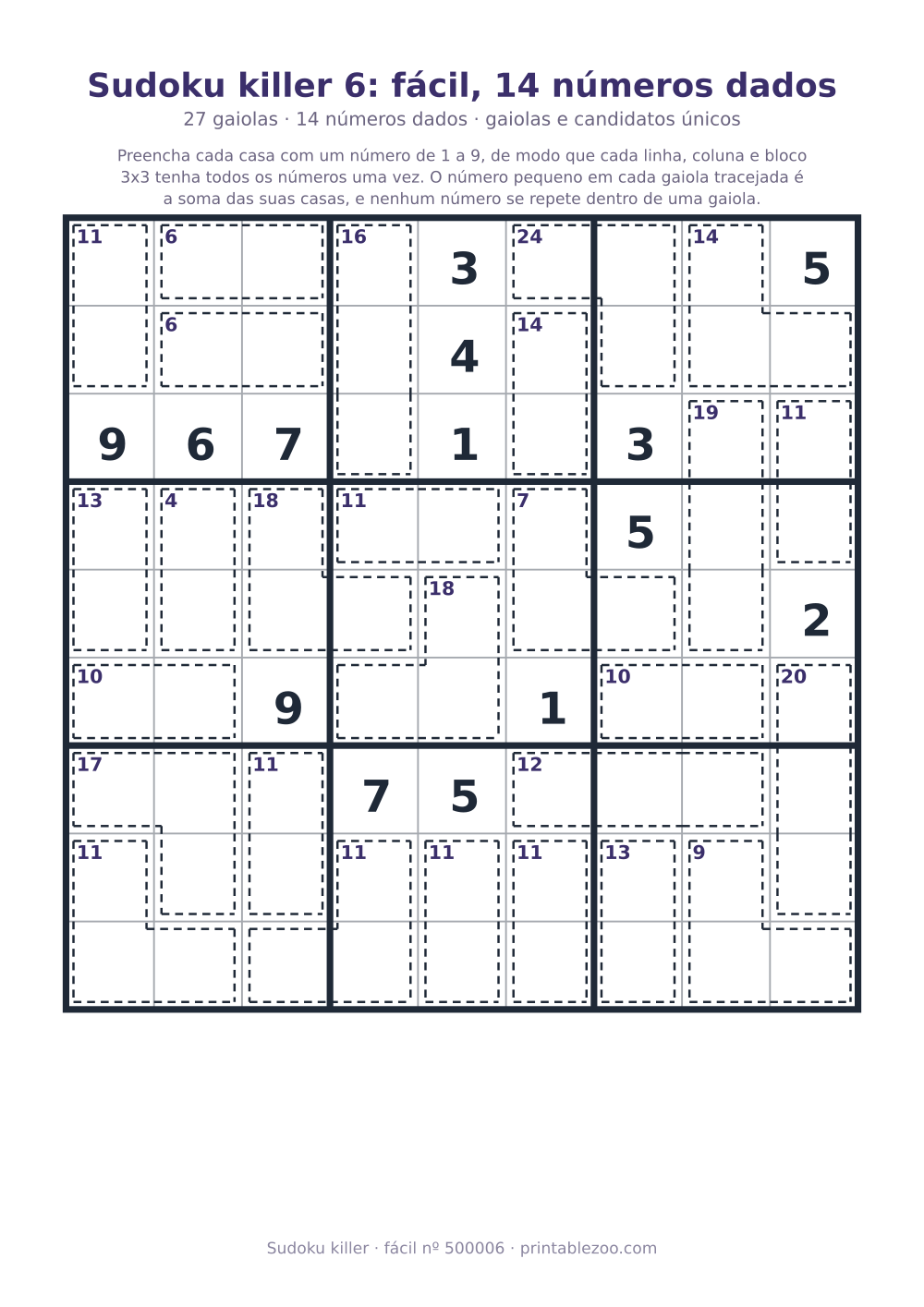 Sudoku killer para imprimir de nível fácil, 27 gaiolas e 14 números dados, desafio 500006