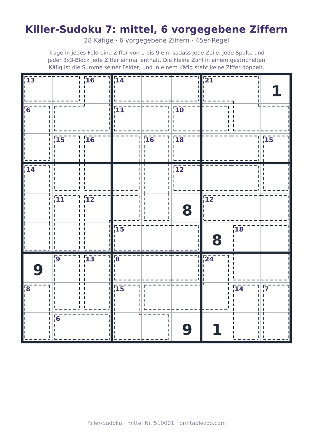 Killer-Sudoku zum Ausdrucken, Stufe mittel, 28 Käfige, 6 vorgegebene Ziffern, Rätsel 510001