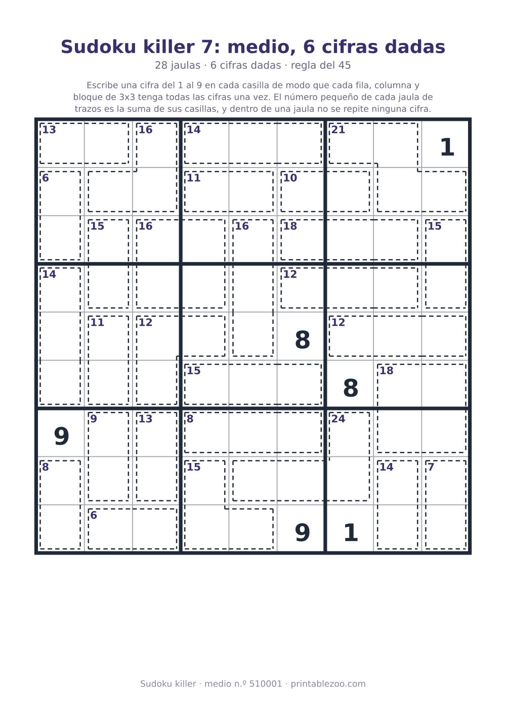 Sudoku killer para imprimir de nivel medio, 28 jaulas y 6 cifras dadas, pasatiempo 510001