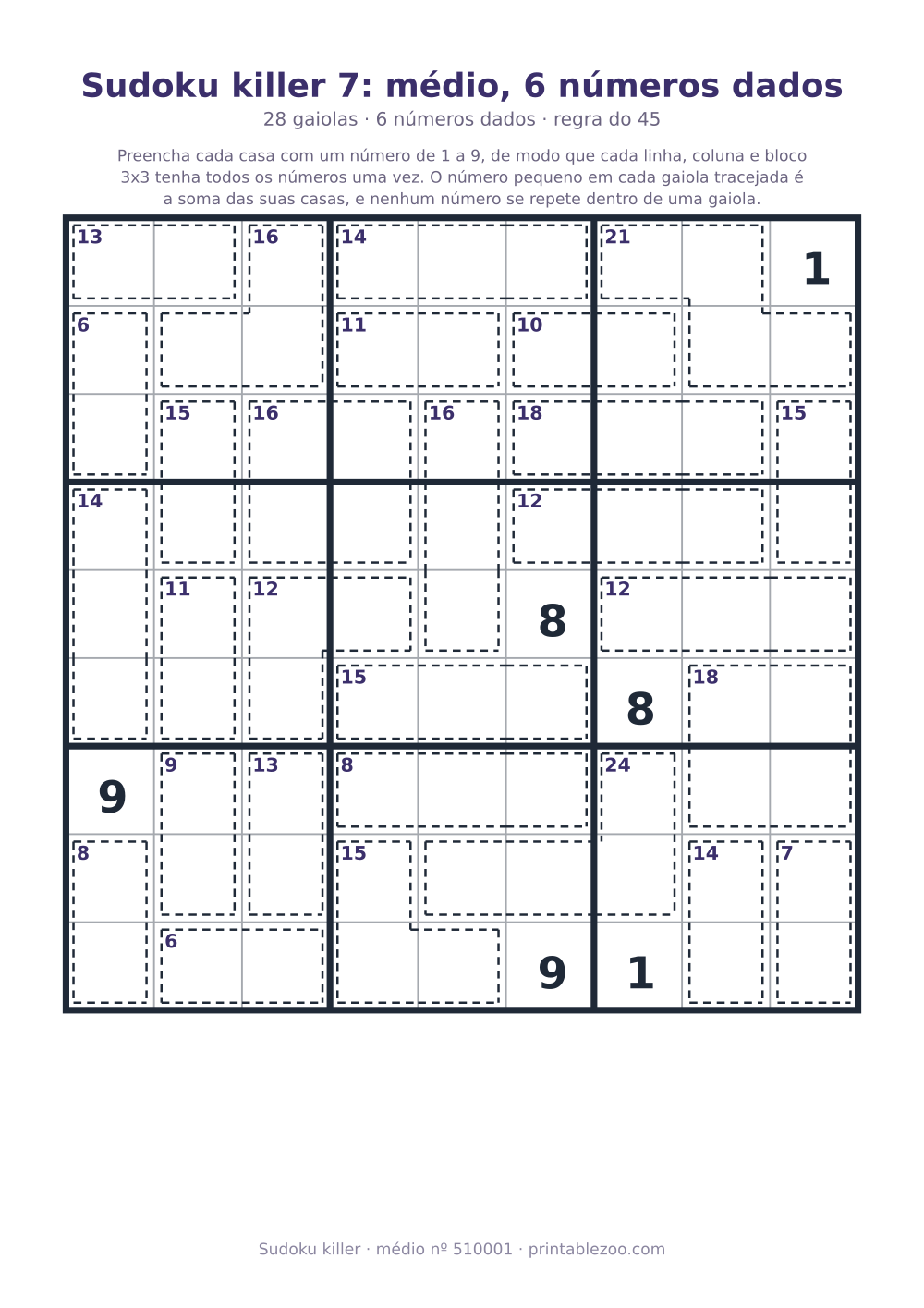 Sudoku killer para imprimir de nível médio, 28 gaiolas e 6 números dados, desafio 510001