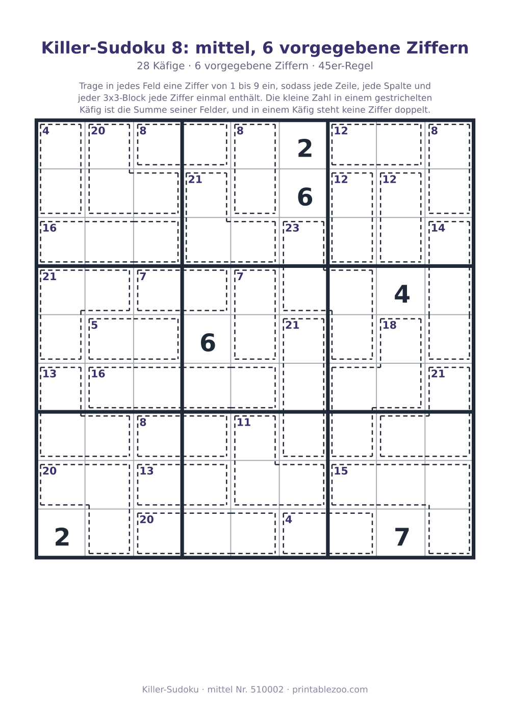 Killer-Sudoku zum Ausdrucken, Stufe mittel, 28 Käfige, 6 vorgegebene Ziffern, Rätsel 510002