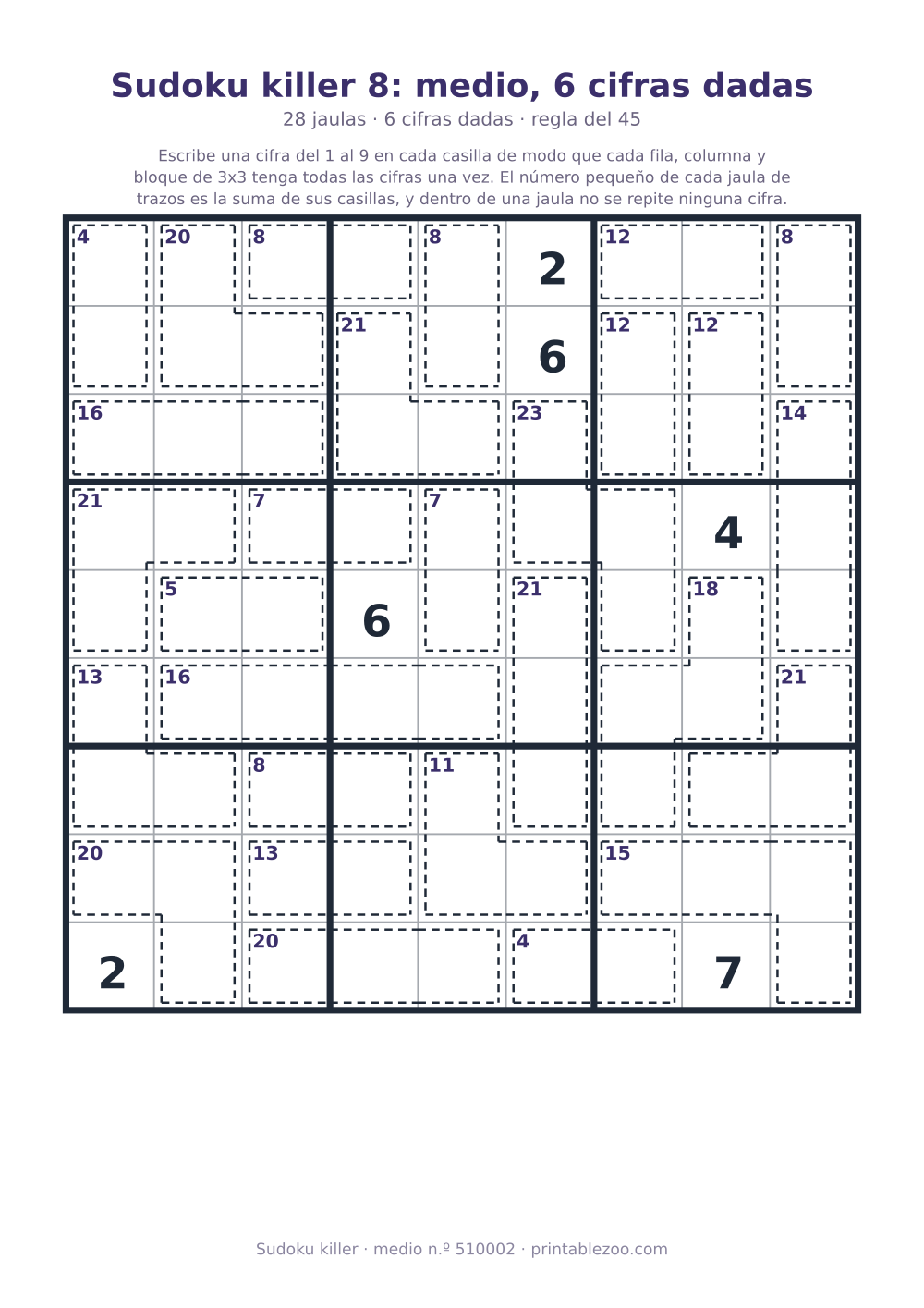 Sudoku killer para imprimir de nivel medio, 28 jaulas y 6 cifras dadas, pasatiempo 510002