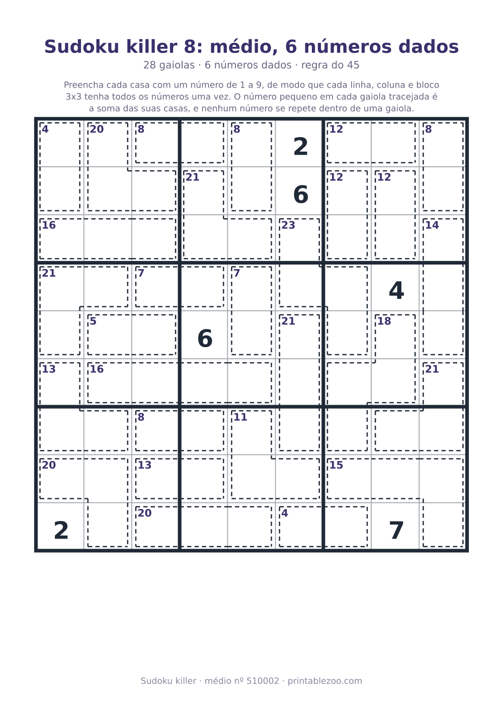 Sudoku killer para imprimir de nível médio, 28 gaiolas e 6 números dados, desafio 510002