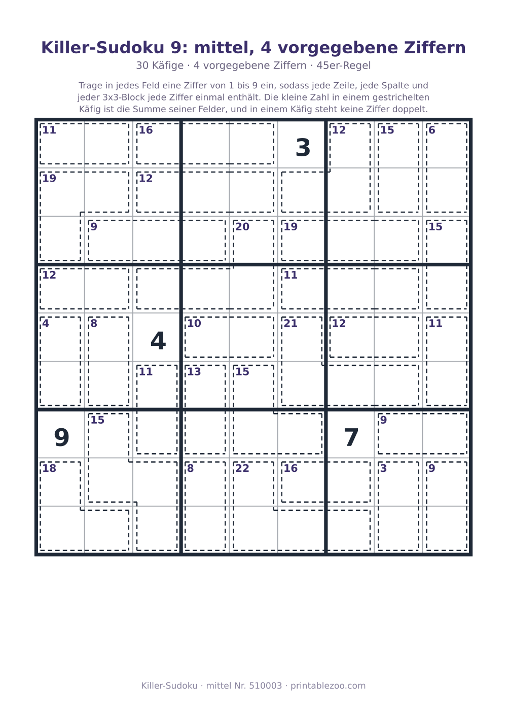 Killer-Sudoku zum Ausdrucken, Stufe mittel, 30 Käfige, 4 vorgegebene Ziffern, Rätsel 510003