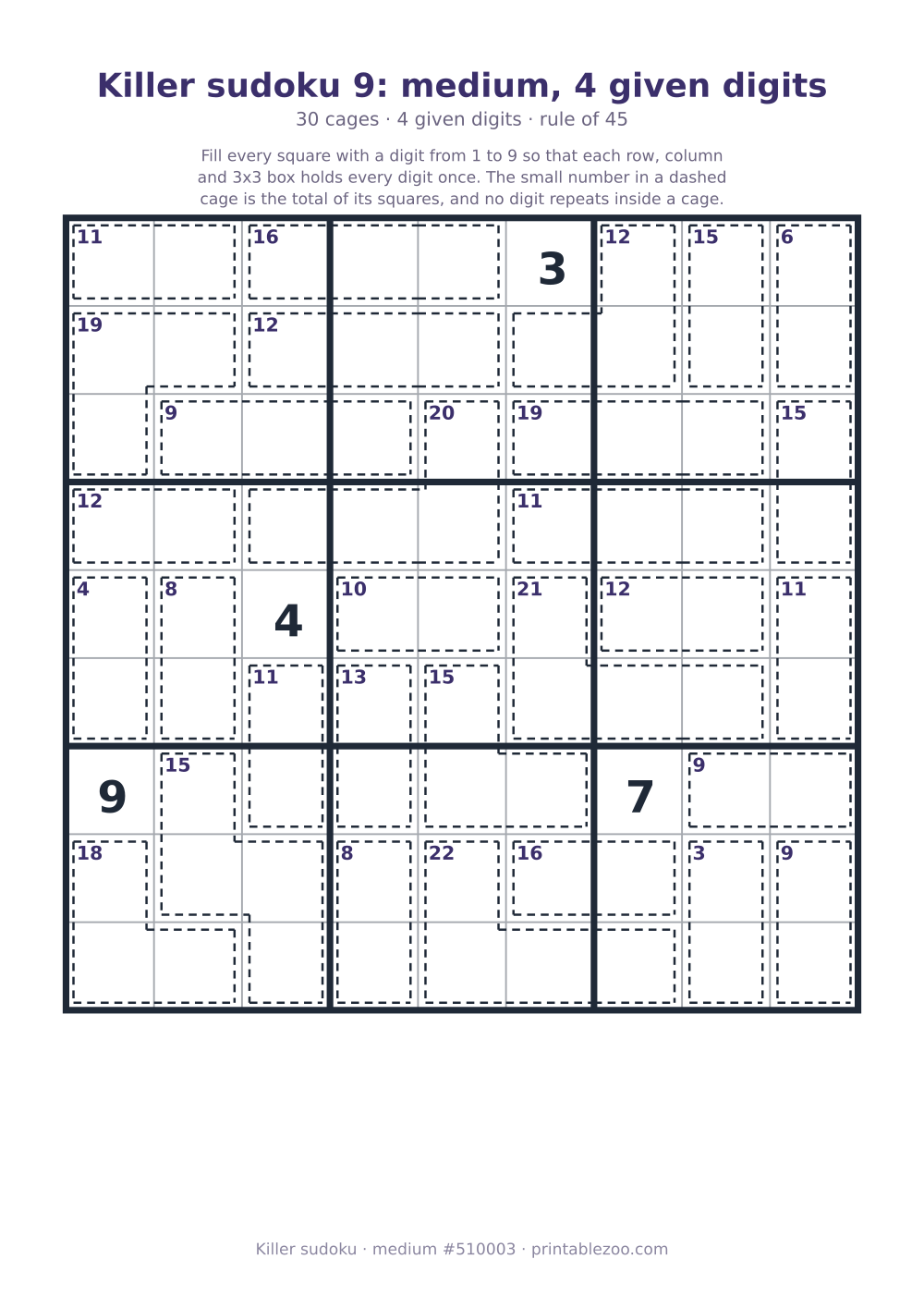 Printable killer sudoku, medium, 30 cages and 4 given digits, puzzle 510003