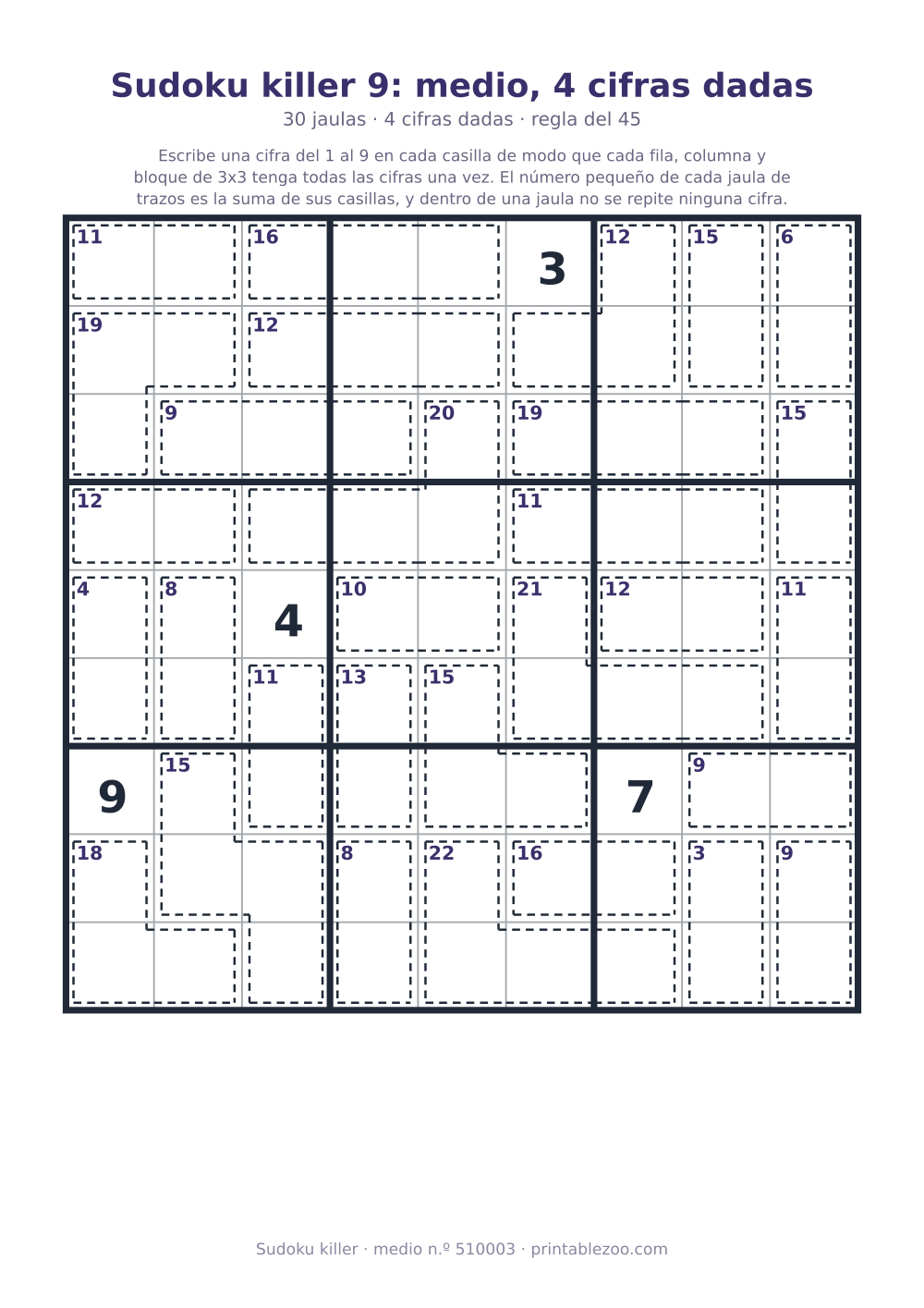 Sudoku killer para imprimir de nivel medio, 30 jaulas y 4 cifras dadas, pasatiempo 510003