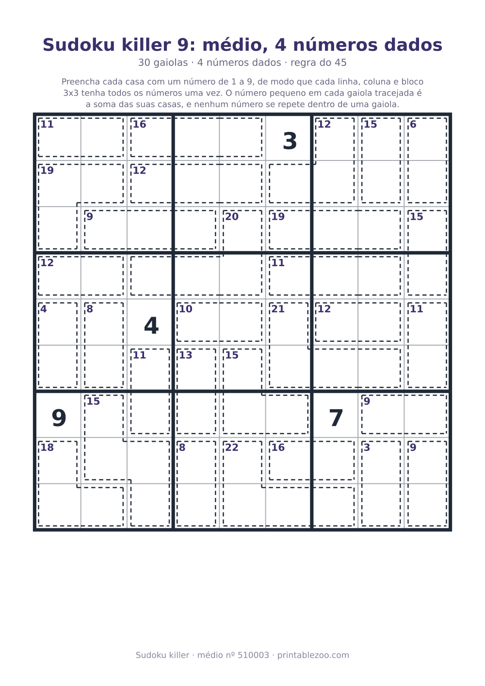Sudoku killer para imprimir de nível médio, 30 gaiolas e 4 números dados, desafio 510003