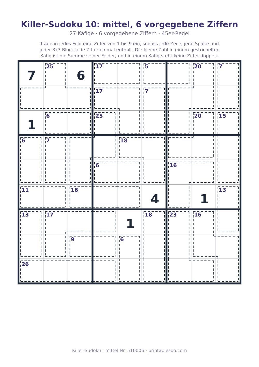 Killer-Sudoku zum Ausdrucken, Stufe mittel, 27 Käfige, 6 vorgegebene Ziffern, Rätsel 510006