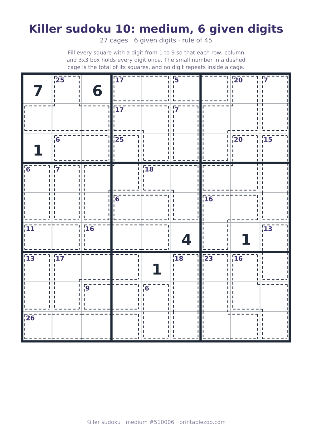 Printable killer sudoku, medium, 27 cages and 6 given digits, puzzle 510006