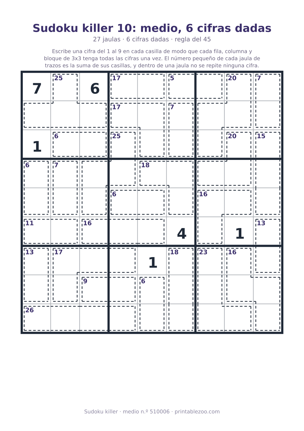 Sudoku killer para imprimir de nivel medio, 27 jaulas y 6 cifras dadas, pasatiempo 510006