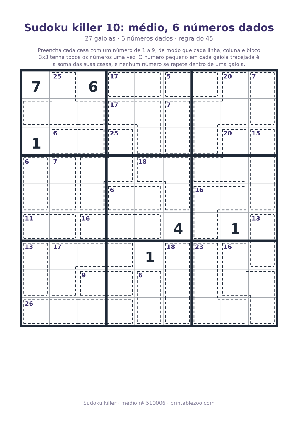 Sudoku killer para imprimir de nível médio, 27 gaiolas e 6 números dados, desafio 510006