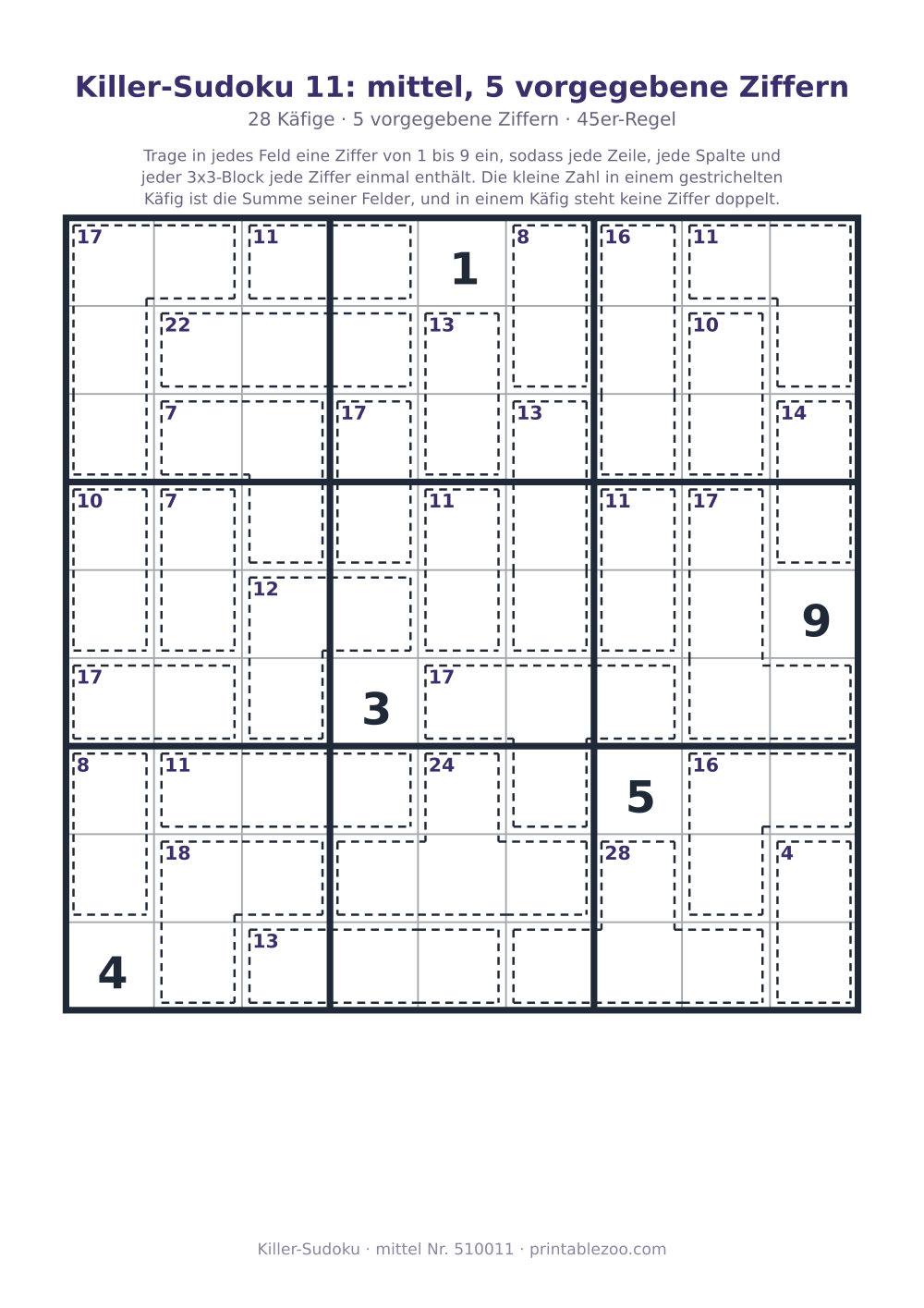 Killer-Sudoku zum Ausdrucken, Stufe mittel, 28 Käfige, 5 vorgegebene Ziffern, Rätsel 510011