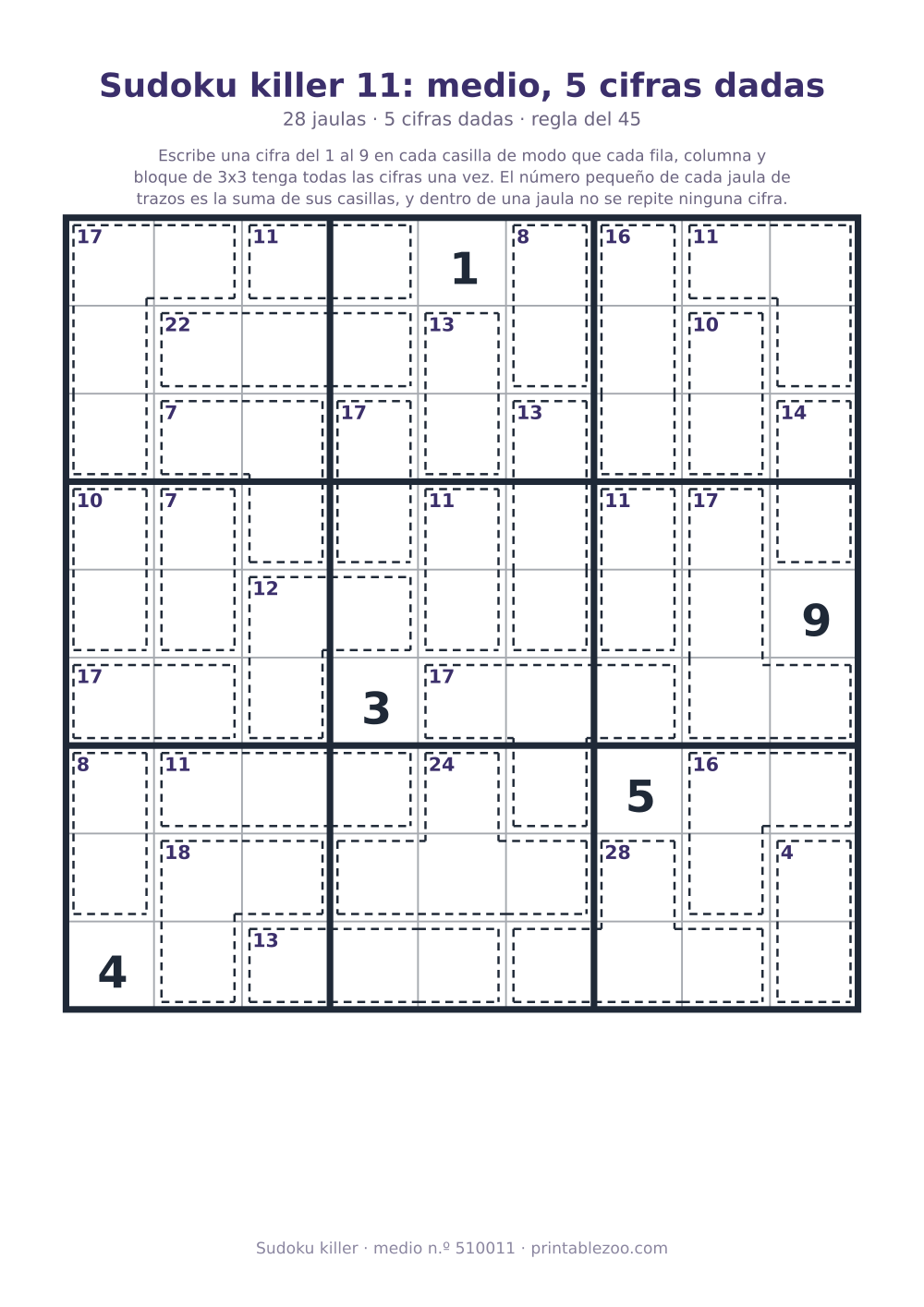 Sudoku killer para imprimir de nivel medio, 28 jaulas y 5 cifras dadas, pasatiempo 510011