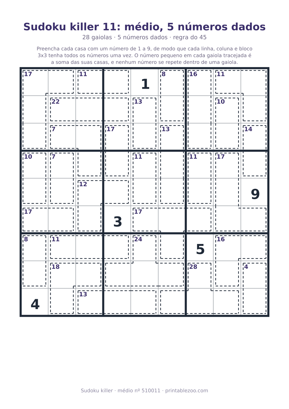 Sudoku killer para imprimir de nível médio, 28 gaiolas e 5 números dados, desafio 510011
