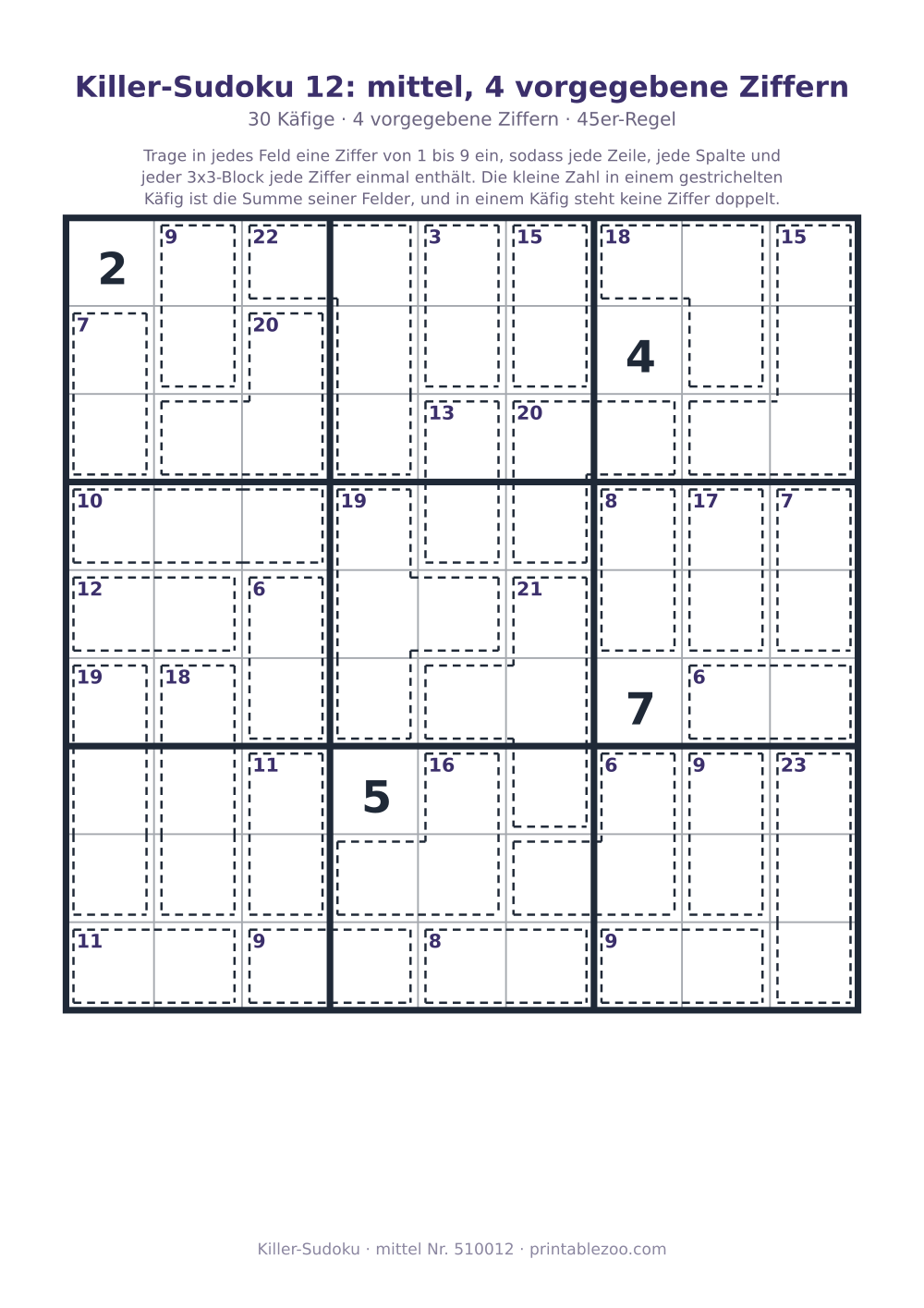 Killer-Sudoku zum Ausdrucken, Stufe mittel, 30 Käfige, 4 vorgegebene Ziffern, Rätsel 510012