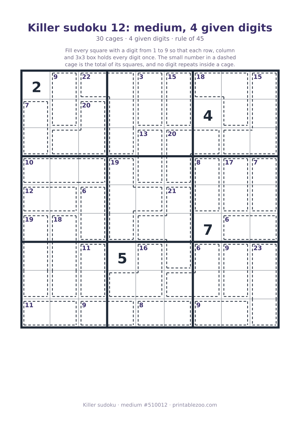 Printable killer sudoku, medium, 30 cages and 4 given digits, puzzle 510012