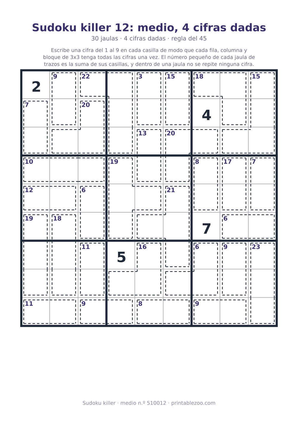 Sudoku killer para imprimir de nivel medio, 30 jaulas y 4 cifras dadas, pasatiempo 510012