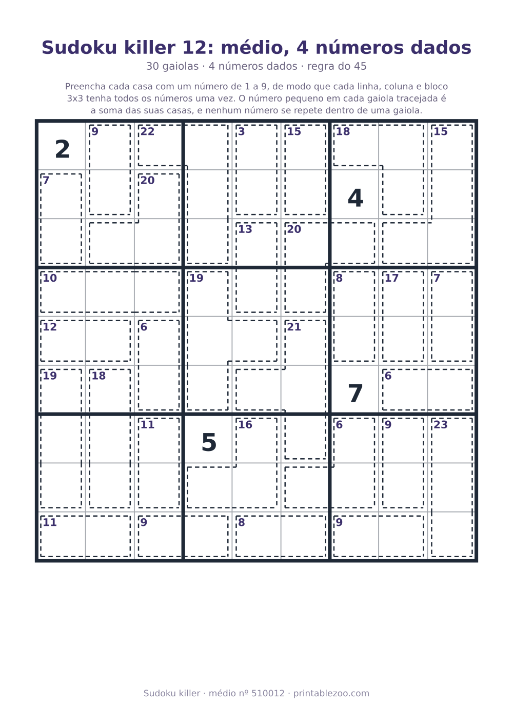 Sudoku killer para imprimir de nível médio, 30 gaiolas e 4 números dados, desafio 510012