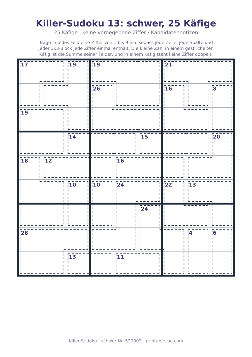 Killer-Sudoku zum Ausdrucken, Stufe schwer, 25 Käfige, keine vorgegebene Ziffer, Rätsel 520003