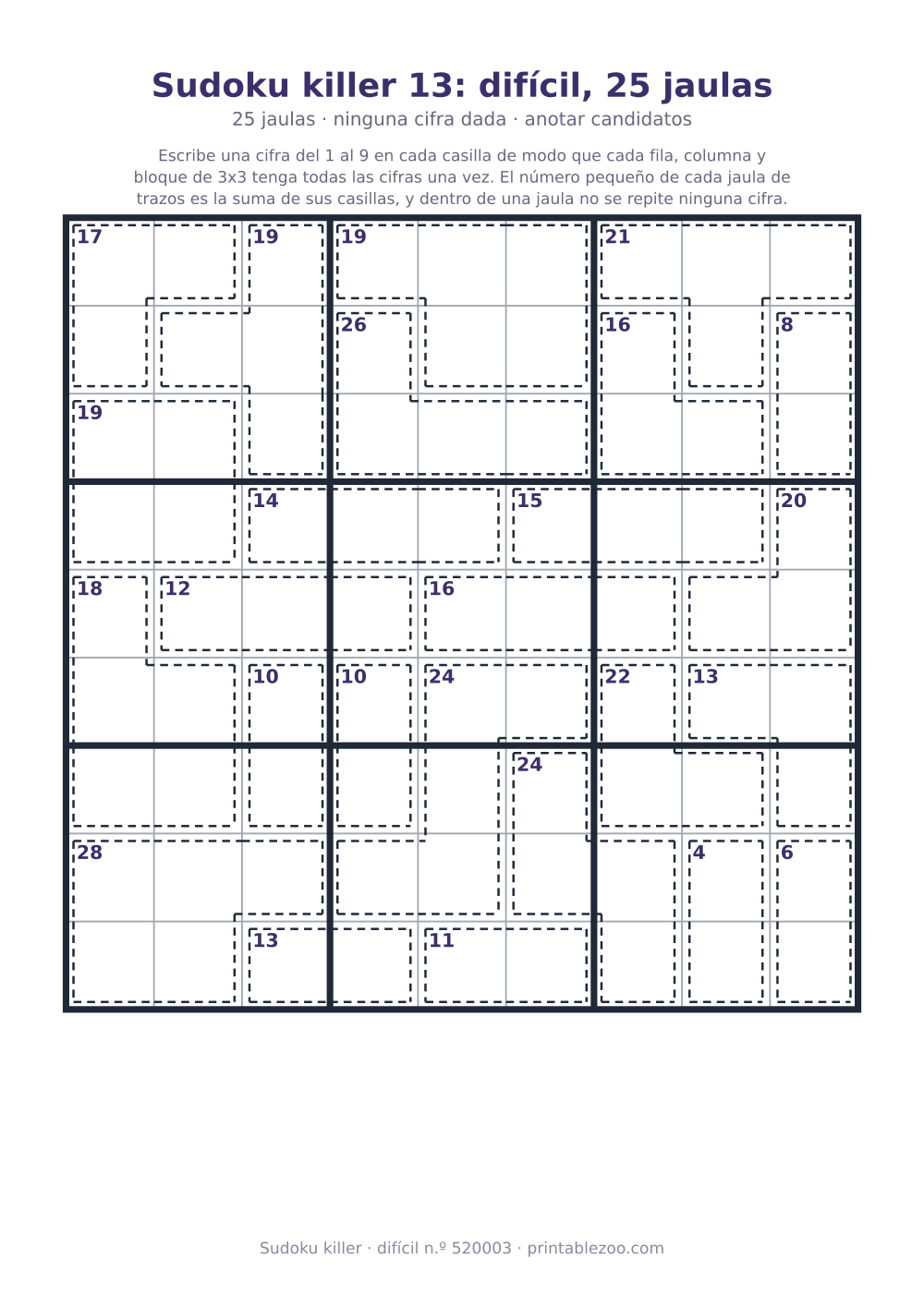 Sudoku killer para imprimir de nivel difícil, 25 jaulas y ninguna cifra dada, pasatiempo 520003