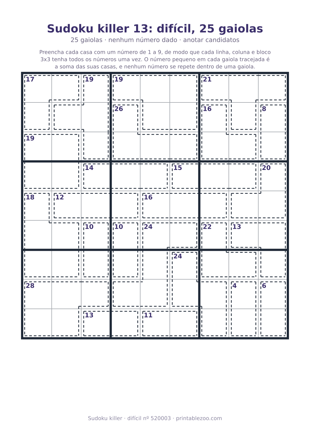 Sudoku killer para imprimir de nível difícil, 25 gaiolas e nenhum número dado, desafio 520003