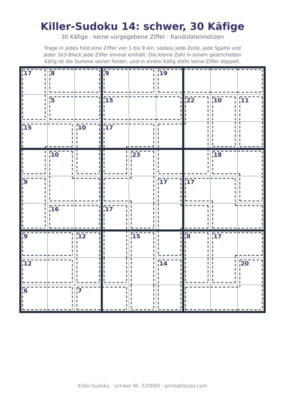 Killer-Sudoku zum Ausdrucken, Stufe schwer, 30 Käfige, keine vorgegebene Ziffer, Rätsel 520005