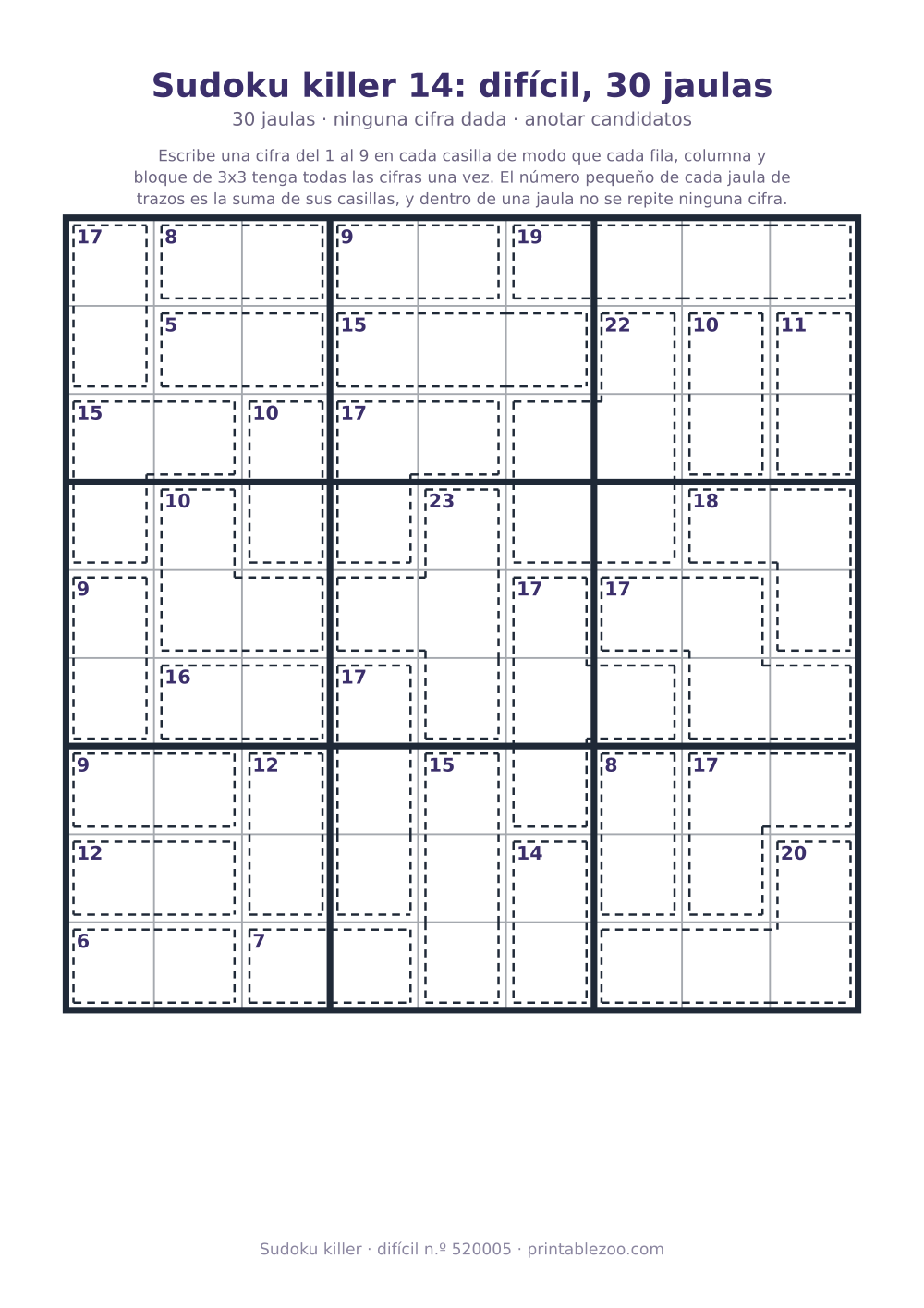 Sudoku killer para imprimir de nivel difícil, 30 jaulas y ninguna cifra dada, pasatiempo 520005