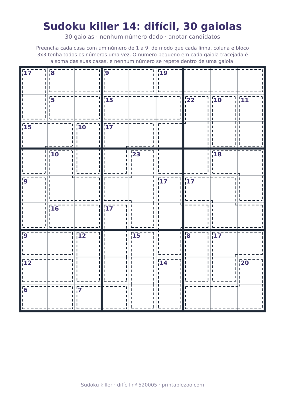 Sudoku killer para imprimir de nível difícil, 30 gaiolas e nenhum número dado, desafio 520005