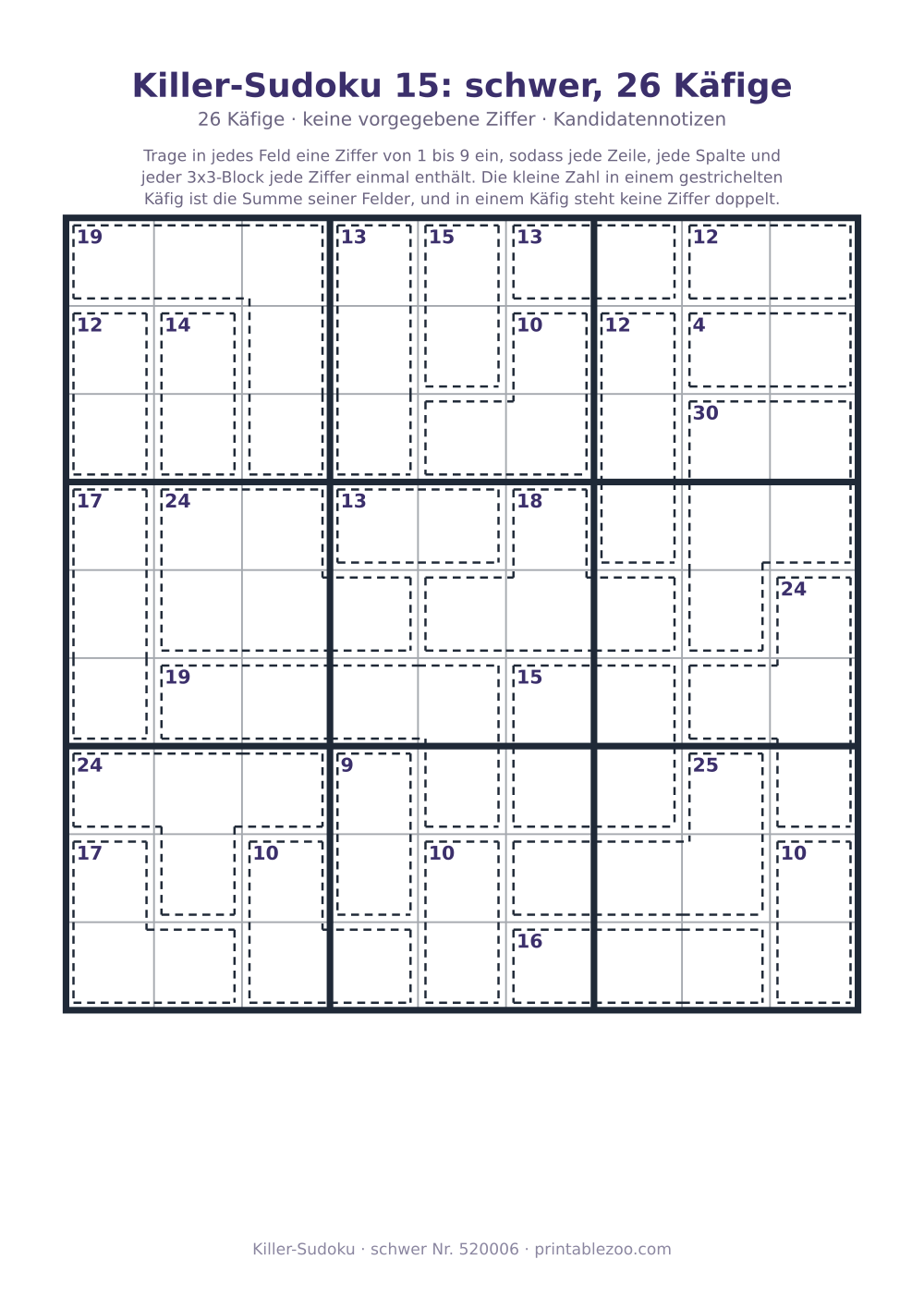 Killer-Sudoku zum Ausdrucken, Stufe schwer, 26 Käfige, keine vorgegebene Ziffer, Rätsel 520006