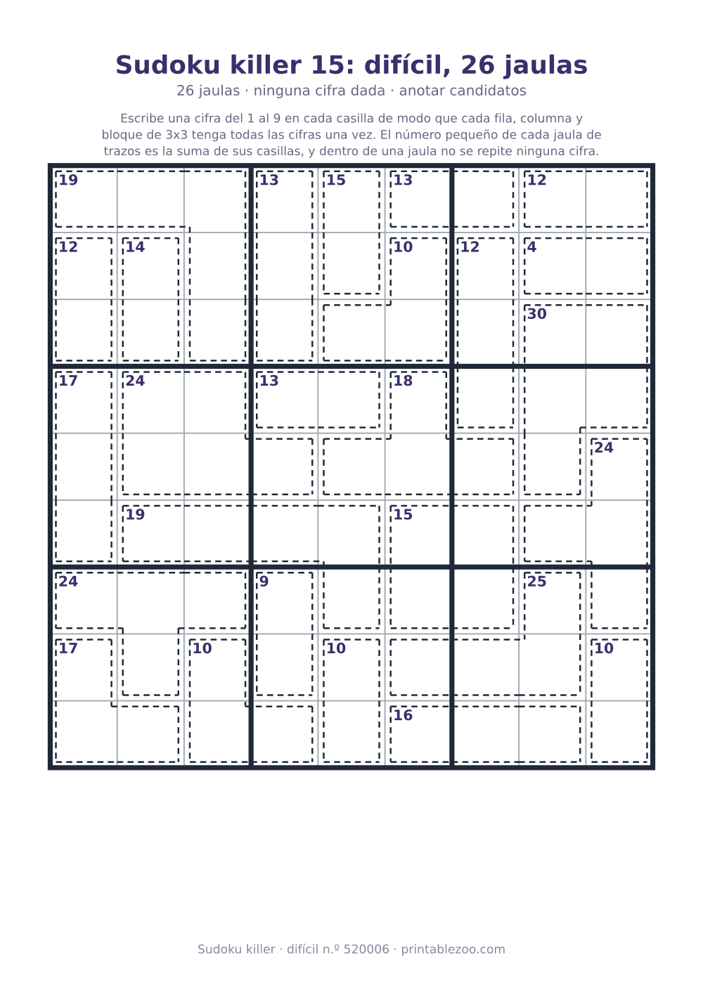 Sudoku killer para imprimir de nivel difícil, 26 jaulas y ninguna cifra dada, pasatiempo 520006