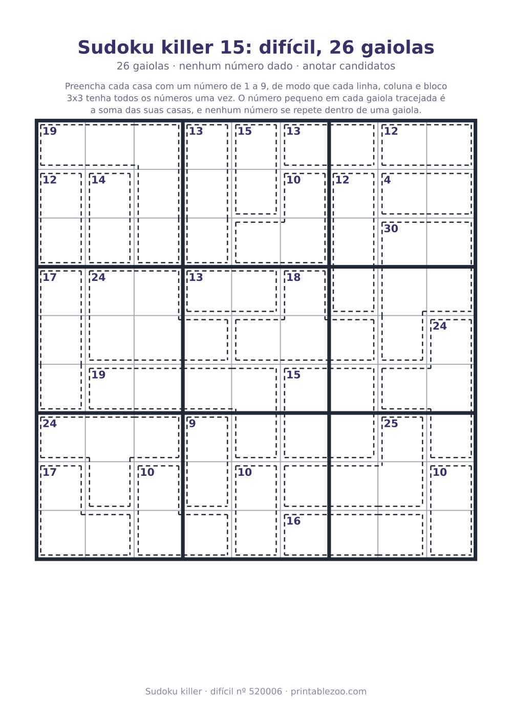Sudoku killer para imprimir de nível difícil, 26 gaiolas e nenhum número dado, desafio 520006