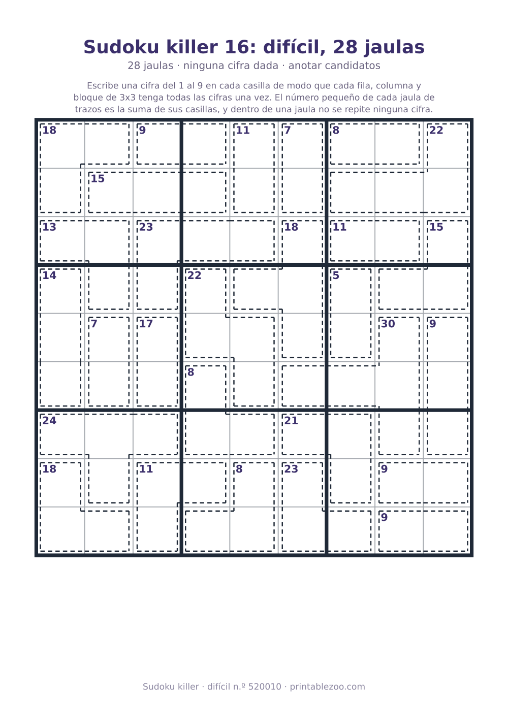 Sudoku killer para imprimir de nivel difícil, 28 jaulas y ninguna cifra dada, pasatiempo 520010
