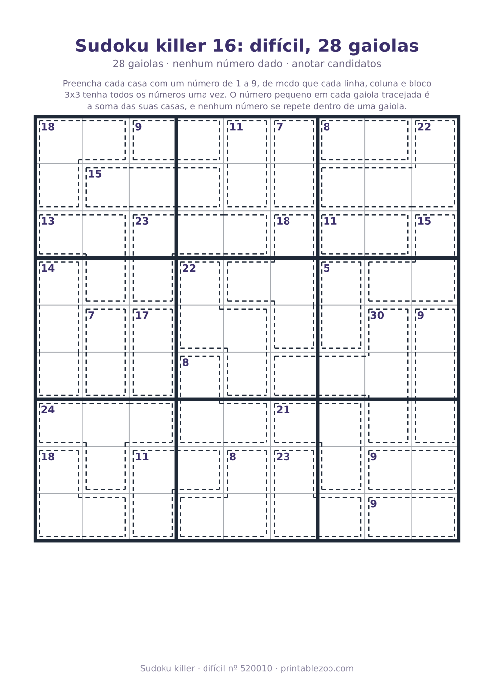 Sudoku killer para imprimir de nível difícil, 28 gaiolas e nenhum número dado, desafio 520010