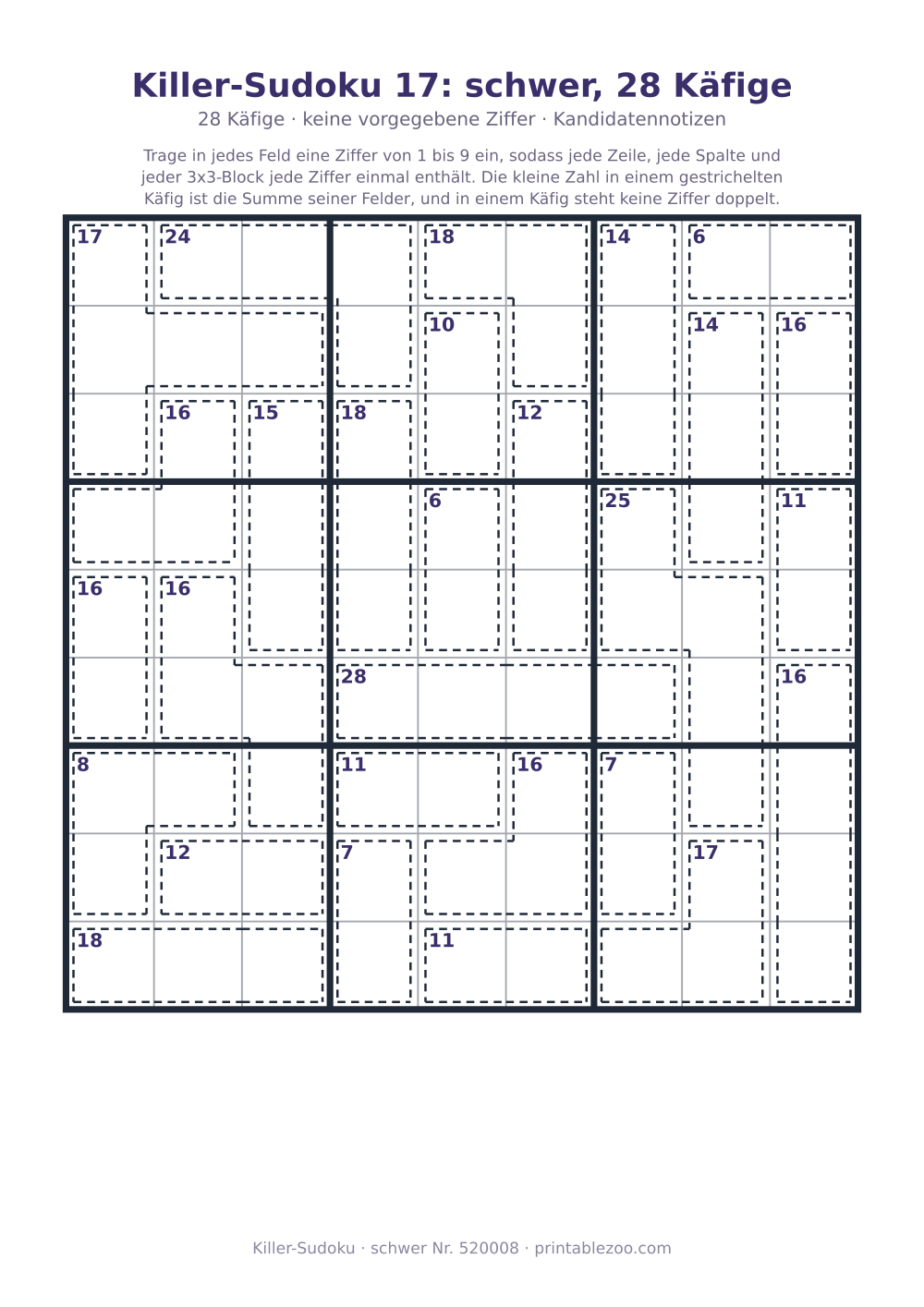 Killer-Sudoku zum Ausdrucken, Stufe schwer, 28 Käfige, keine vorgegebene Ziffer, Rätsel 520008