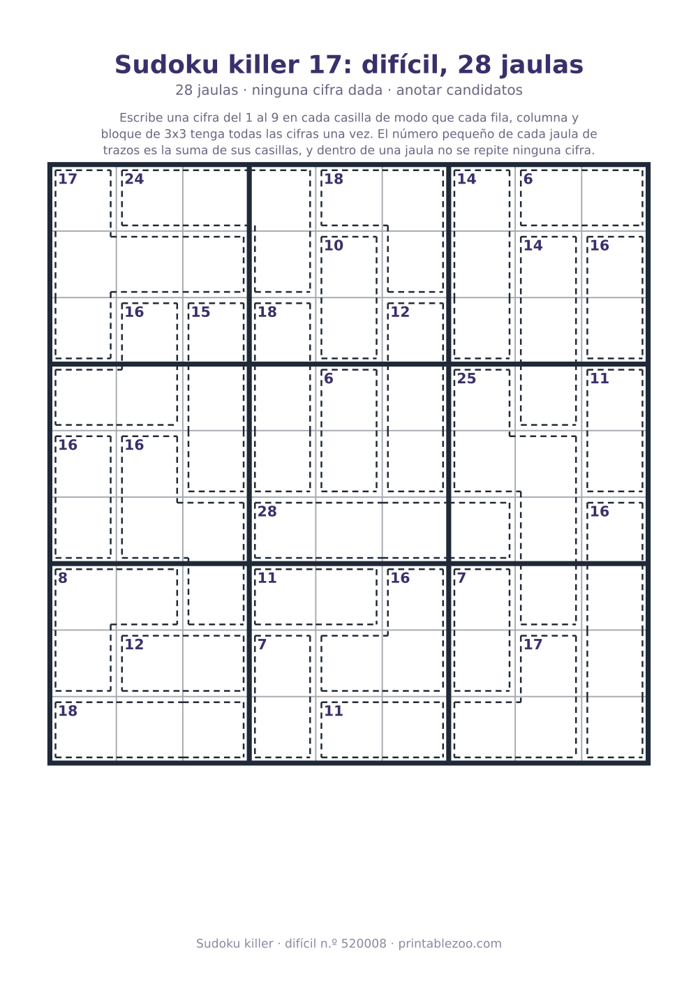 Sudoku killer para imprimir de nivel difícil, 28 jaulas y ninguna cifra dada, pasatiempo 520008