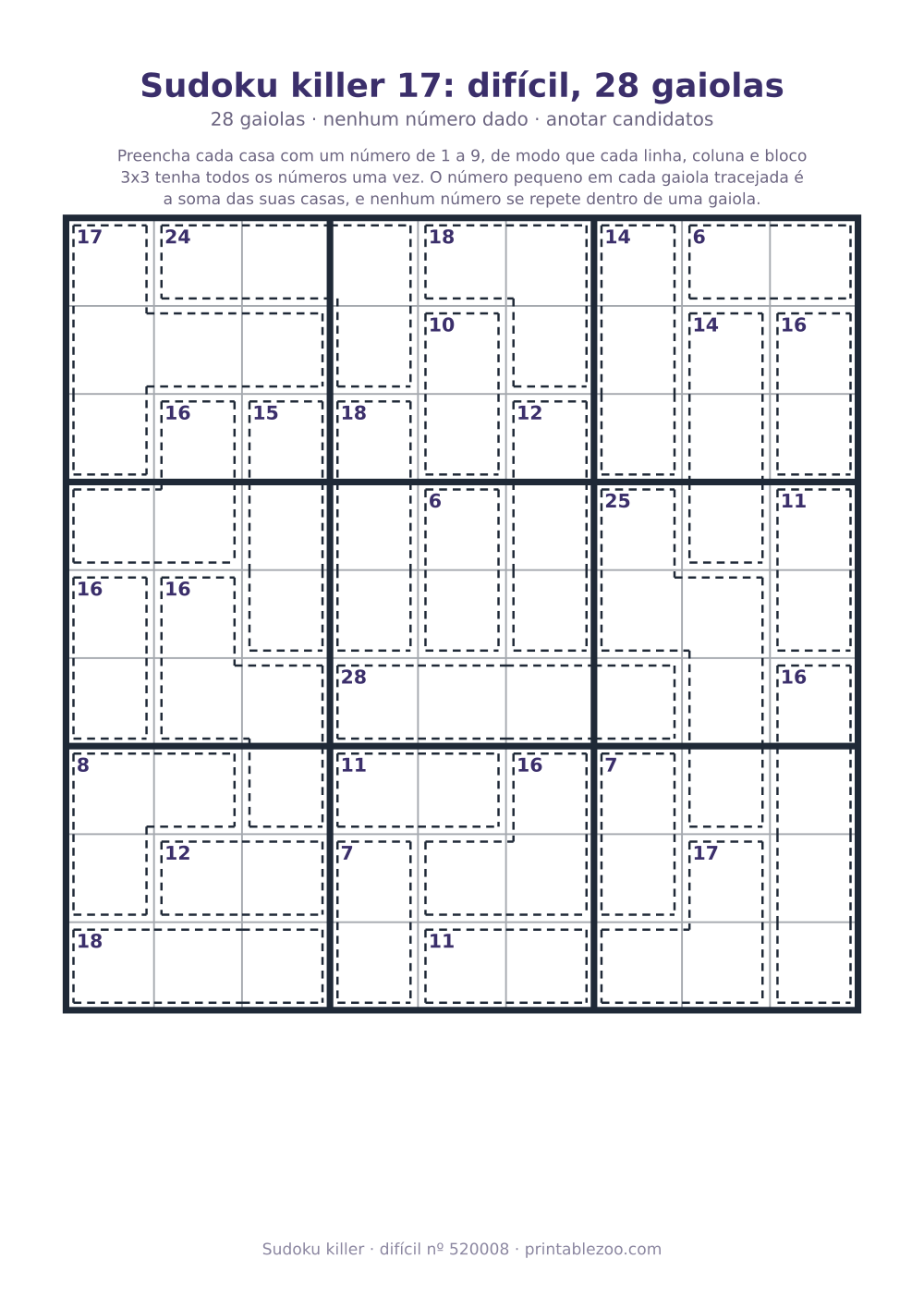 Sudoku killer para imprimir de nível difícil, 28 gaiolas e nenhum número dado, desafio 520008