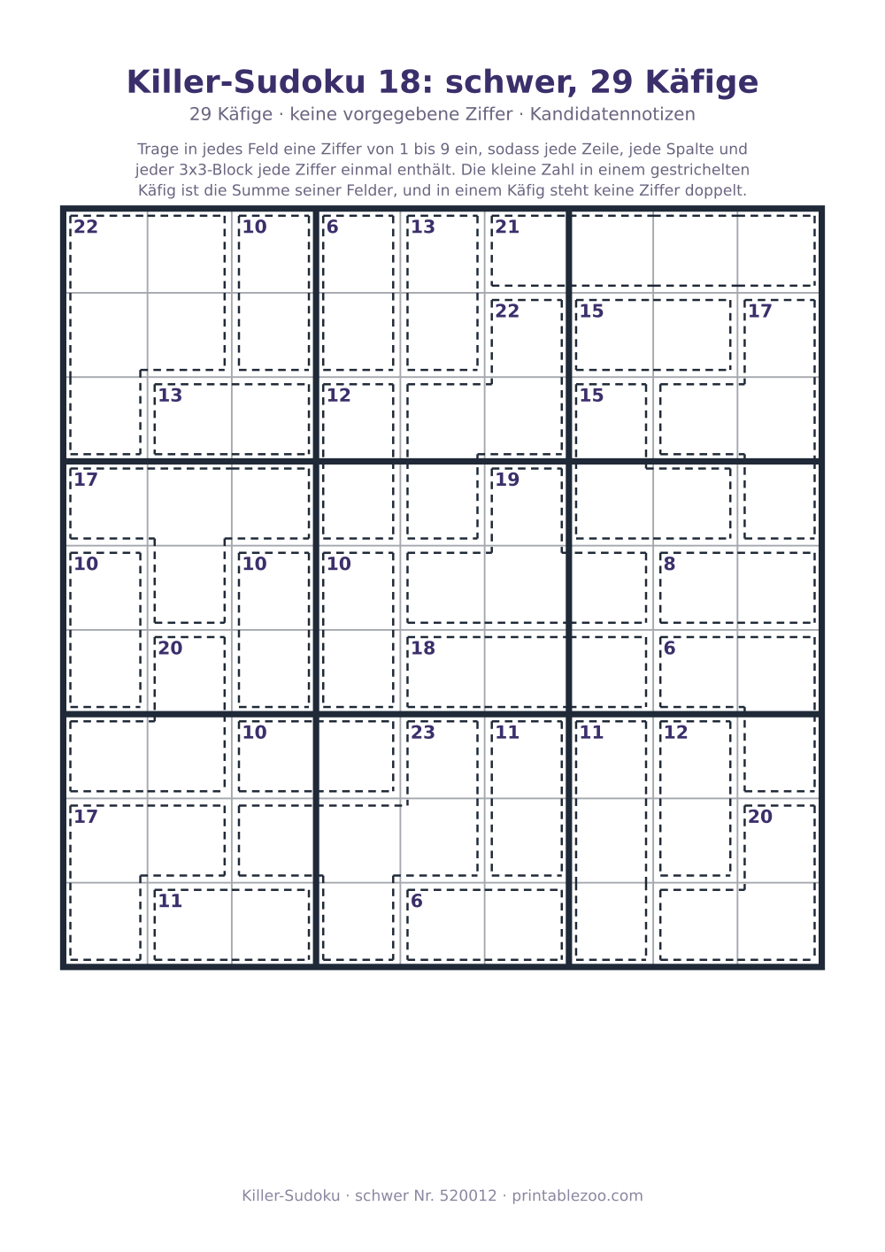 Killer-Sudoku zum Ausdrucken, Stufe schwer, 29 Käfige, keine vorgegebene Ziffer, Rätsel 520012
