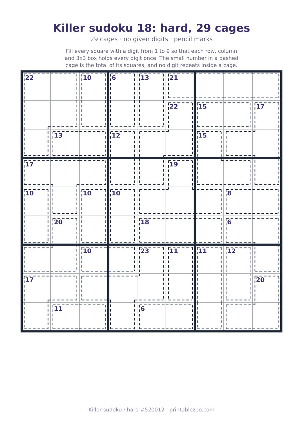 Printable killer sudoku, hard, 29 cages and no given digits, puzzle 520012