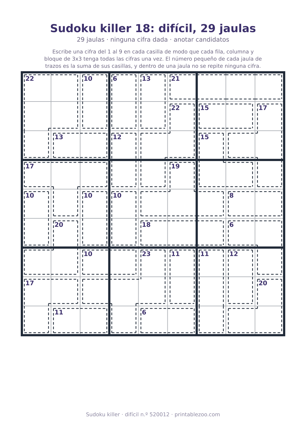 Sudoku killer para imprimir de nivel difícil, 29 jaulas y ninguna cifra dada, pasatiempo 520012