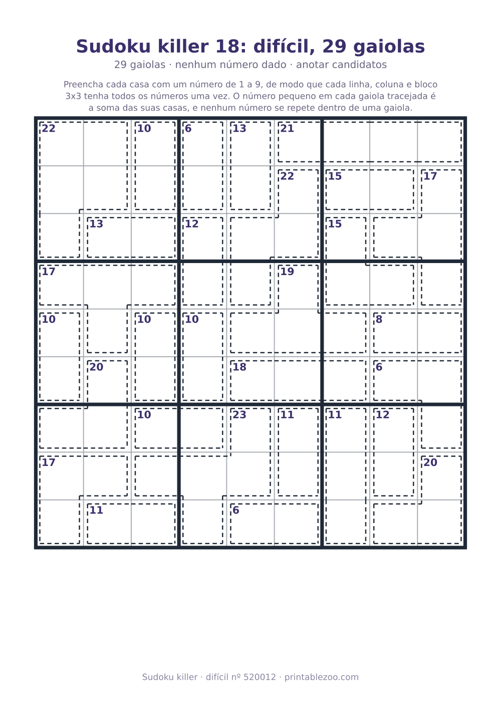 Sudoku killer para imprimir de nível difícil, 29 gaiolas e nenhum número dado, desafio 520012